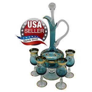 VTG MCM Murano Aqua Blue Venetian Decanter Caraf & 4 Glasses•Gold Gilt Art Glass
